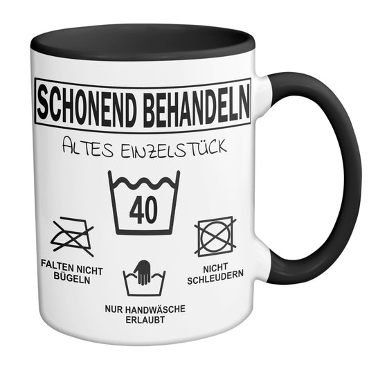 Tasse SCHONEND BEHANDELN mit Jahreszahl Du Altes Einzelstück